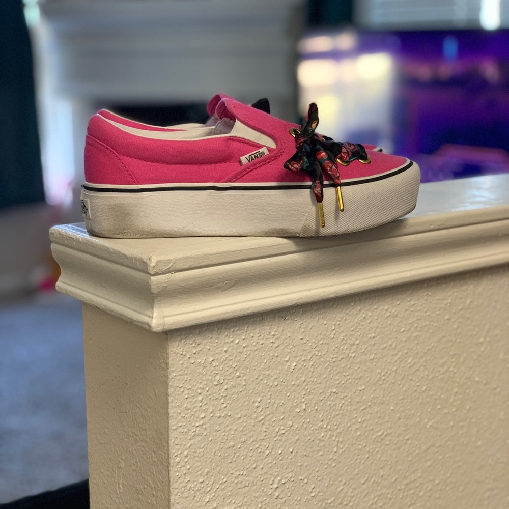 Women’s size 7 Vans pink floral lace platform.